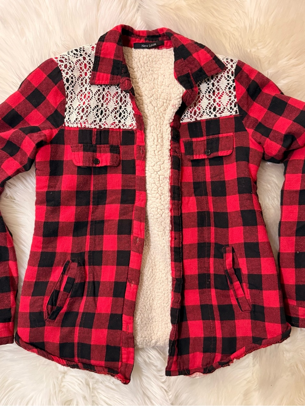 New Look Red & Black Buffalo Plaid Sherpa Jacket with Lace Yoke